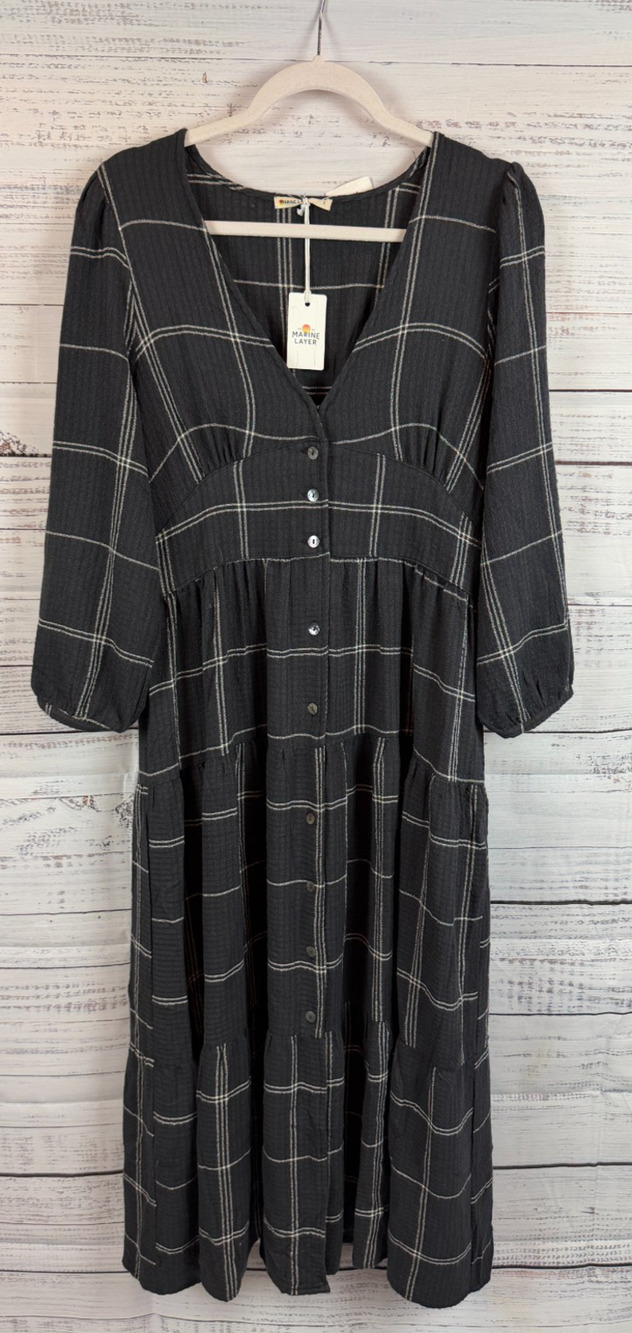 MARINE LAYER black white check rayon blend long shirt dress size L NWT